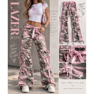 Lazer Jeans Y2K Pink Camo Cargo Pants Low Rise Strappy Rave Cyber Size 11